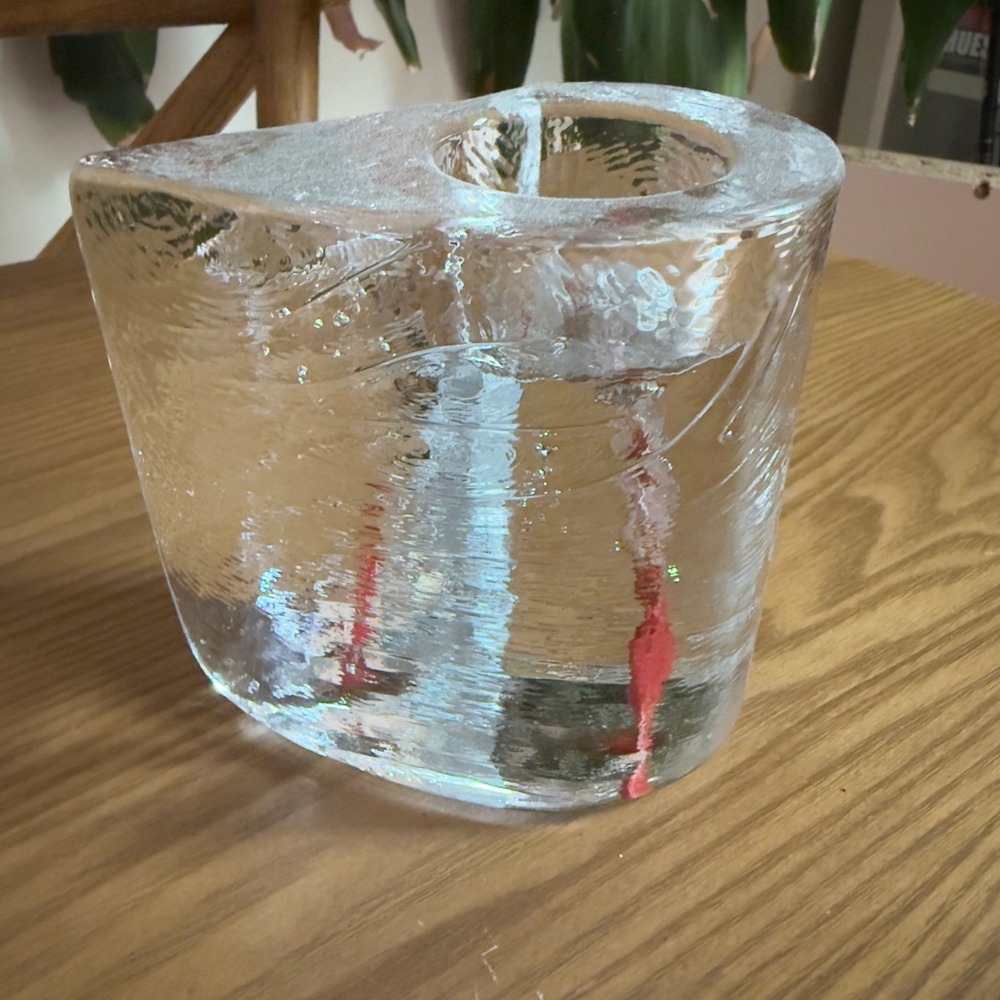 Kosta Boda Art Glass Candle Holder Clear Crystal Red Accent Swedish Modern